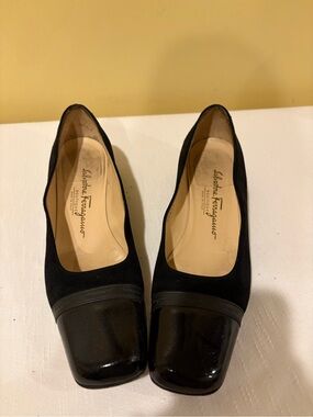 Salvatore Ferragamo Black Suede and Patent Leather Square-Toe Pumps